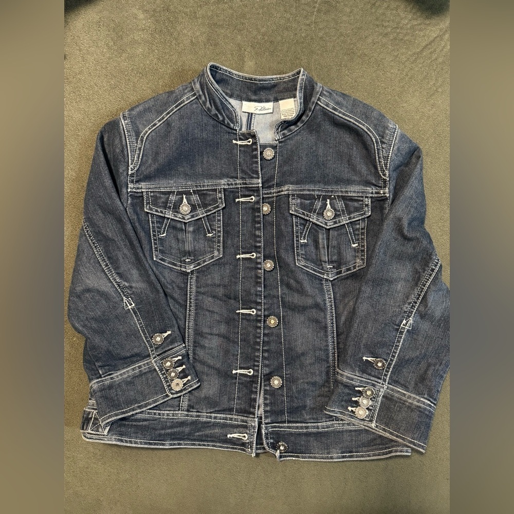 Chico’s Platinum Rhinestone Dark Wash Denim Jacket with Unique Button Details